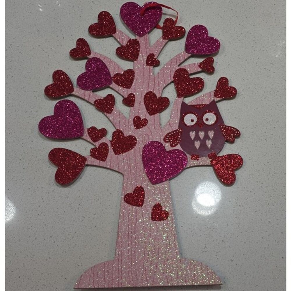 Glitter Hearts Tree Owl Wood Hanging Wall Plaque Sign Pink Red Purple Small